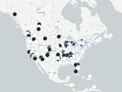 Map of North America with points showing the location of meetups and tournaments